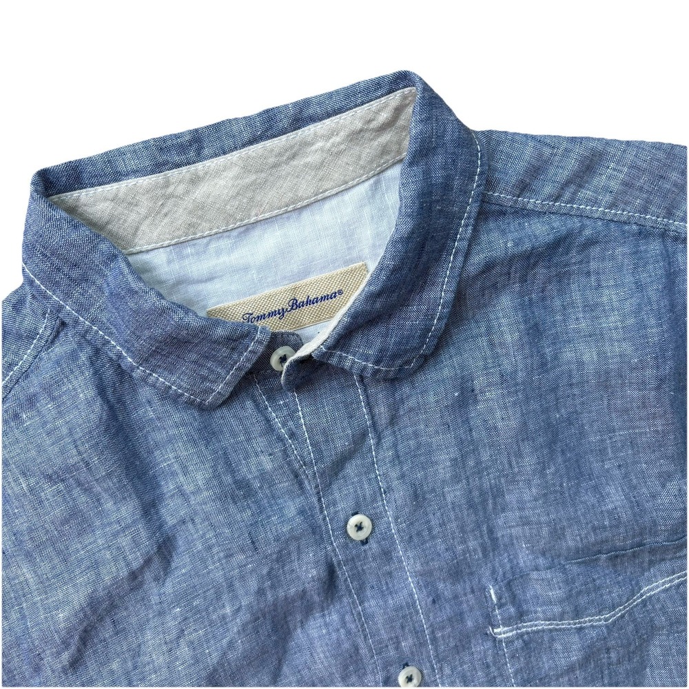 Men's Tommy Bahama Short Sleeved Linen Blend‎ Heathered Blue Button Up Shirt S/P